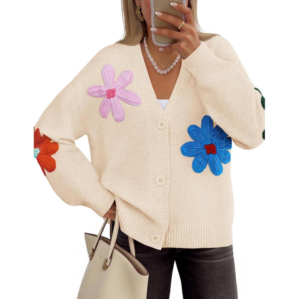 imageZESICA Womens 2026 Spring Floral Cardigan Sweaters Casual Long Sleeve Open Front Button Down V Neck Knit SweaterApricot
