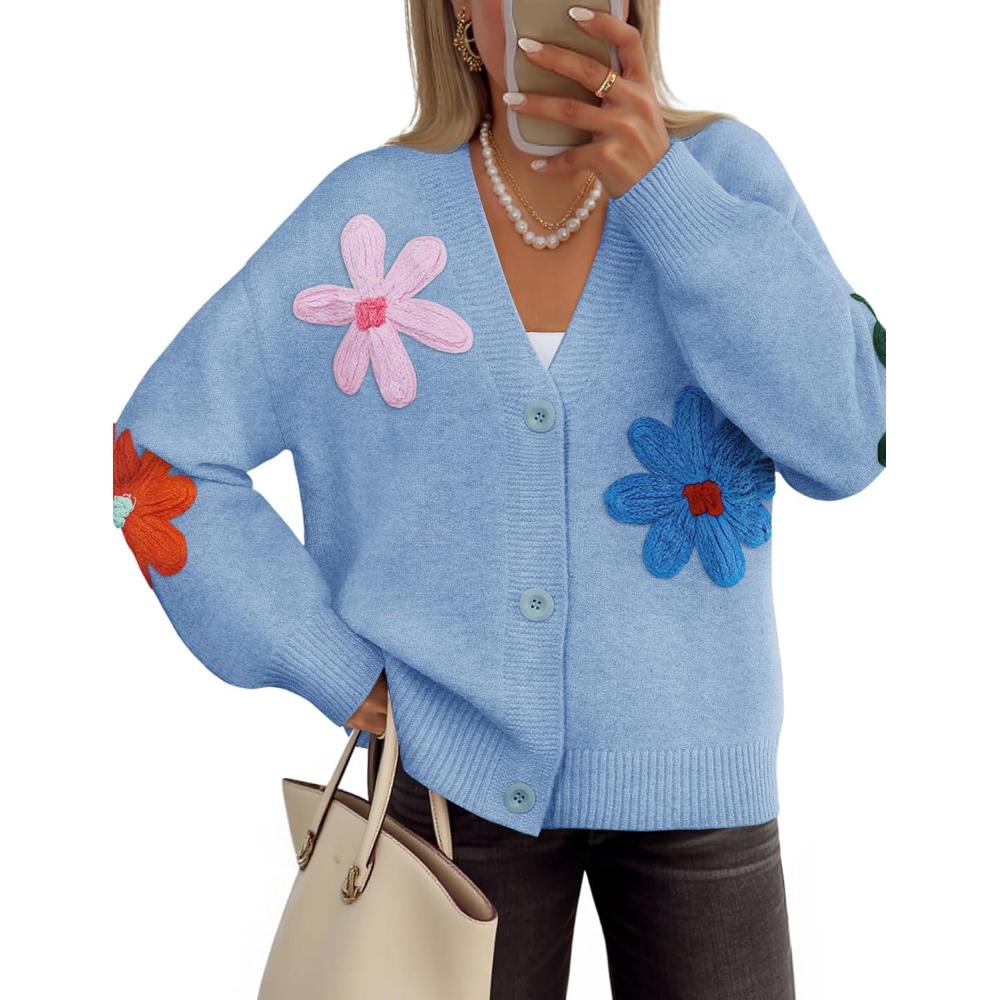 imageZESICA Womens 2026 Spring Floral Cardigan Sweaters Casual Long Sleeve Open Front Button Down V Neck Knit SweaterBlue