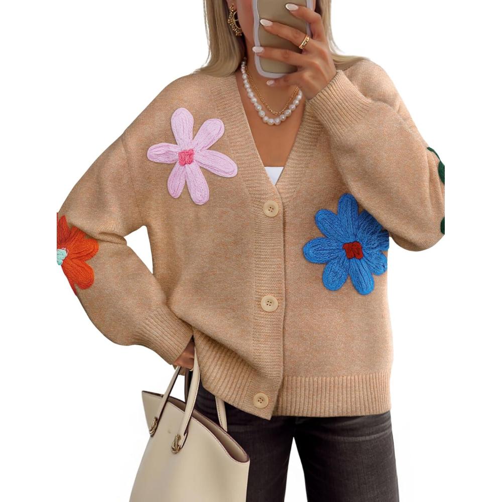 imageZESICA Womens 2026 Spring Floral Cardigan Sweaters Casual Long Sleeve Open Front Button Down V Neck Knit SweaterKhaki