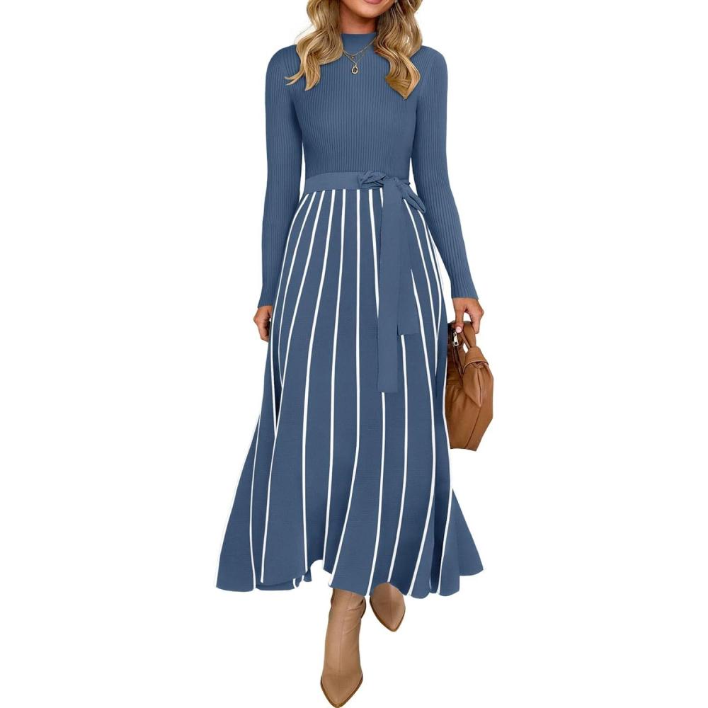 imageZESICA Womens 2026 Spring Turtleneck Long Sleeve Sweater Dress Tie Waist Casual Loose Ribbed Knit A Line Midi DressesDusty Blue