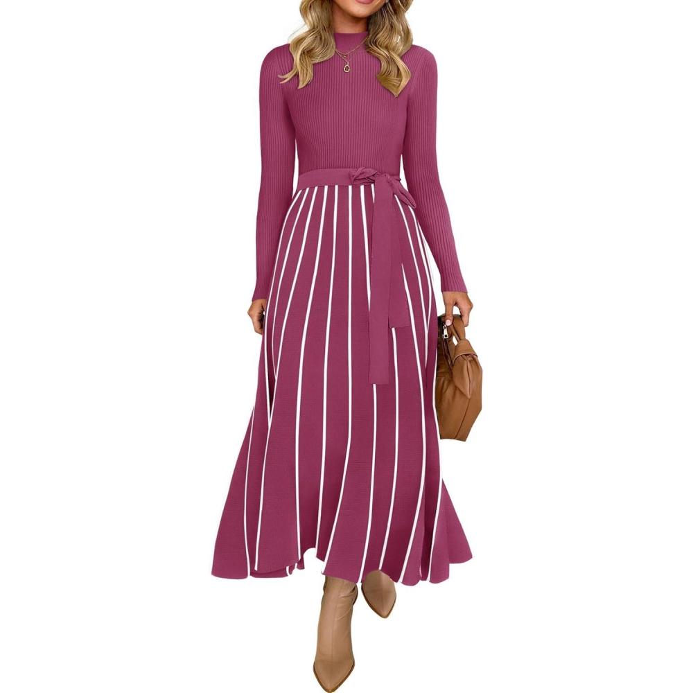 imageZESICA Womens 2026 Spring Turtleneck Long Sleeve Sweater Dress Tie Waist Casual Loose Ribbed Knit A Line Midi DressesEggplant