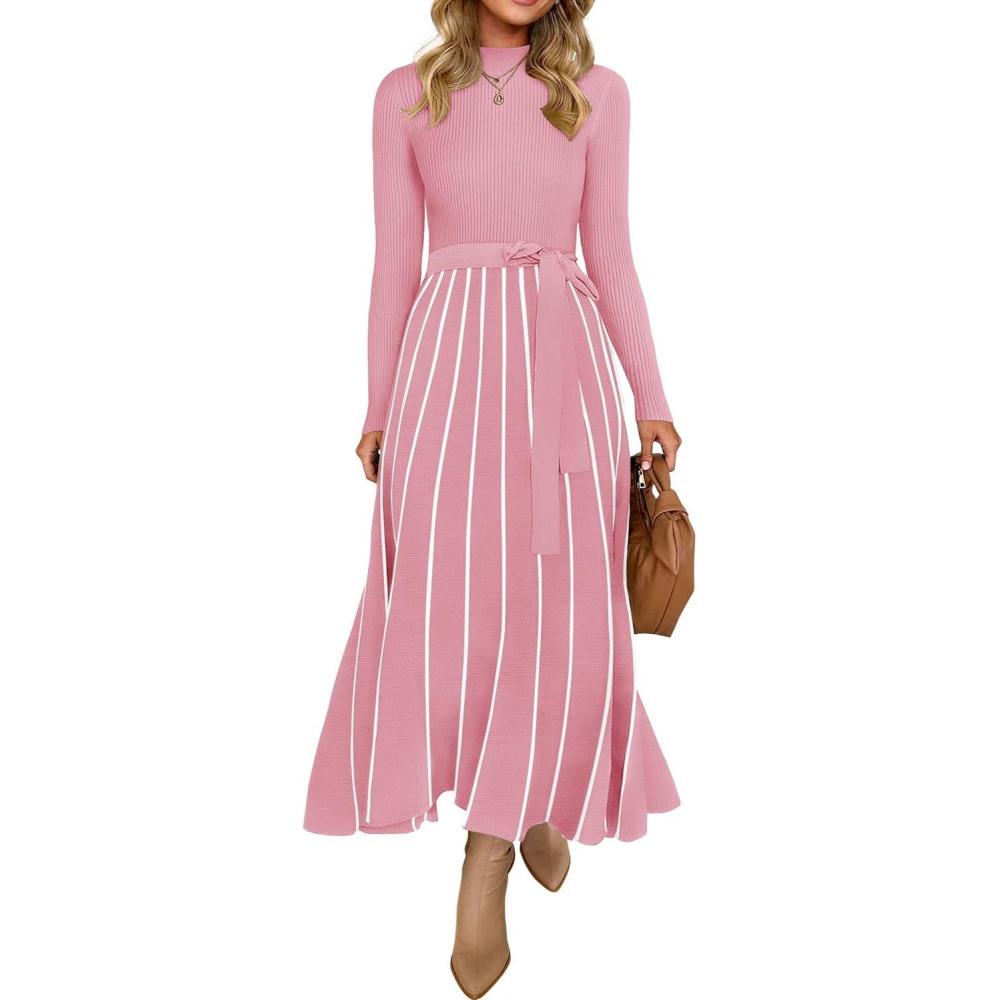 imageZESICA Womens 2026 Spring Turtleneck Long Sleeve Sweater Dress Tie Waist Casual Loose Ribbed Knit A Line Midi DressesPink