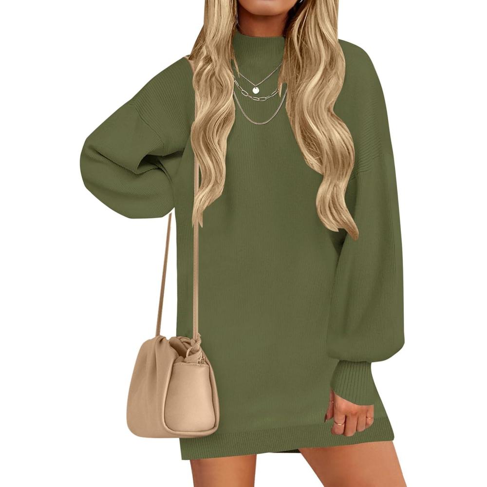 imageZESICA Womens 2026 Spring Turtleneck Sweater Dress Oversized Long Lantern Sleeve Casual Knit Pullover Mini DressesArmygreen