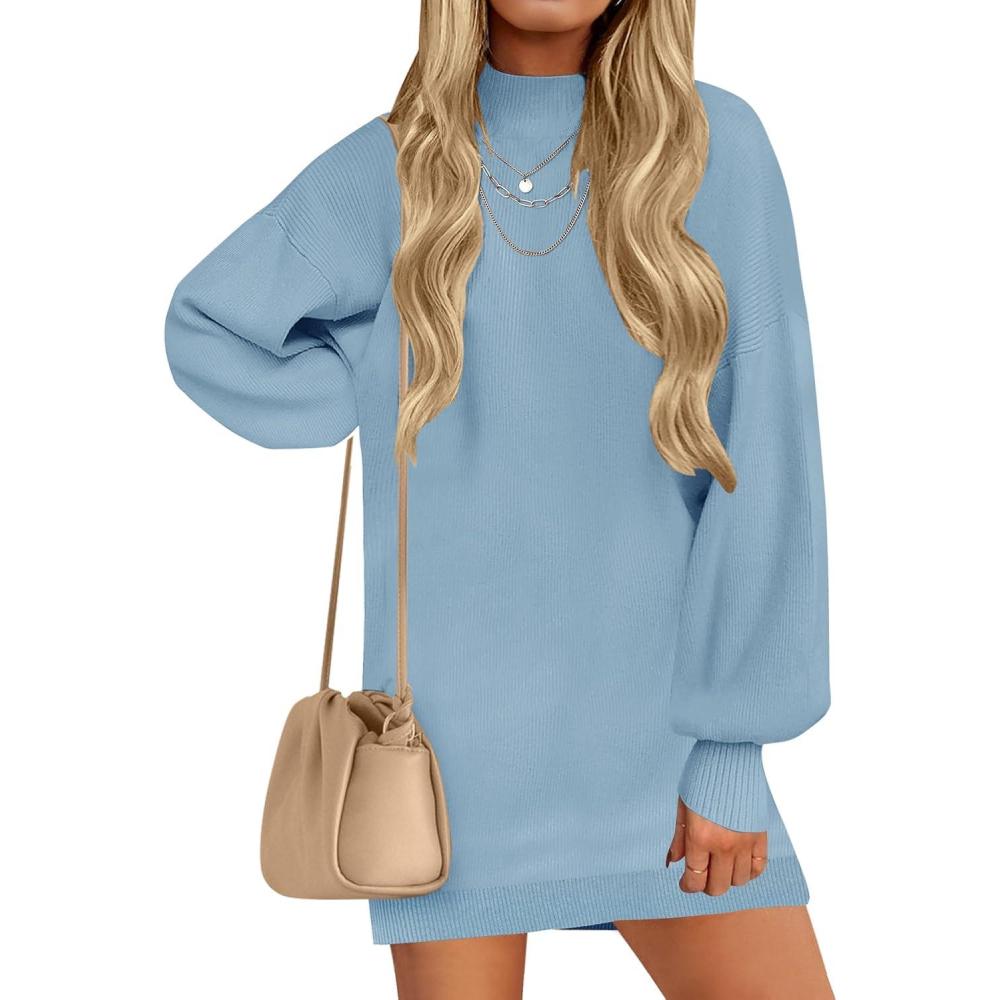 imageZESICA Womens 2026 Spring Turtleneck Sweater Dress Oversized Long Lantern Sleeve Casual Knit Pullover Mini DressesLightblue