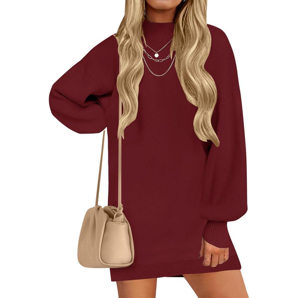 imageZESICA Womens 2026 Spring Turtleneck Sweater Dress Oversized Long Lantern Sleeve Casual Knit Pullover Mini DressesWine