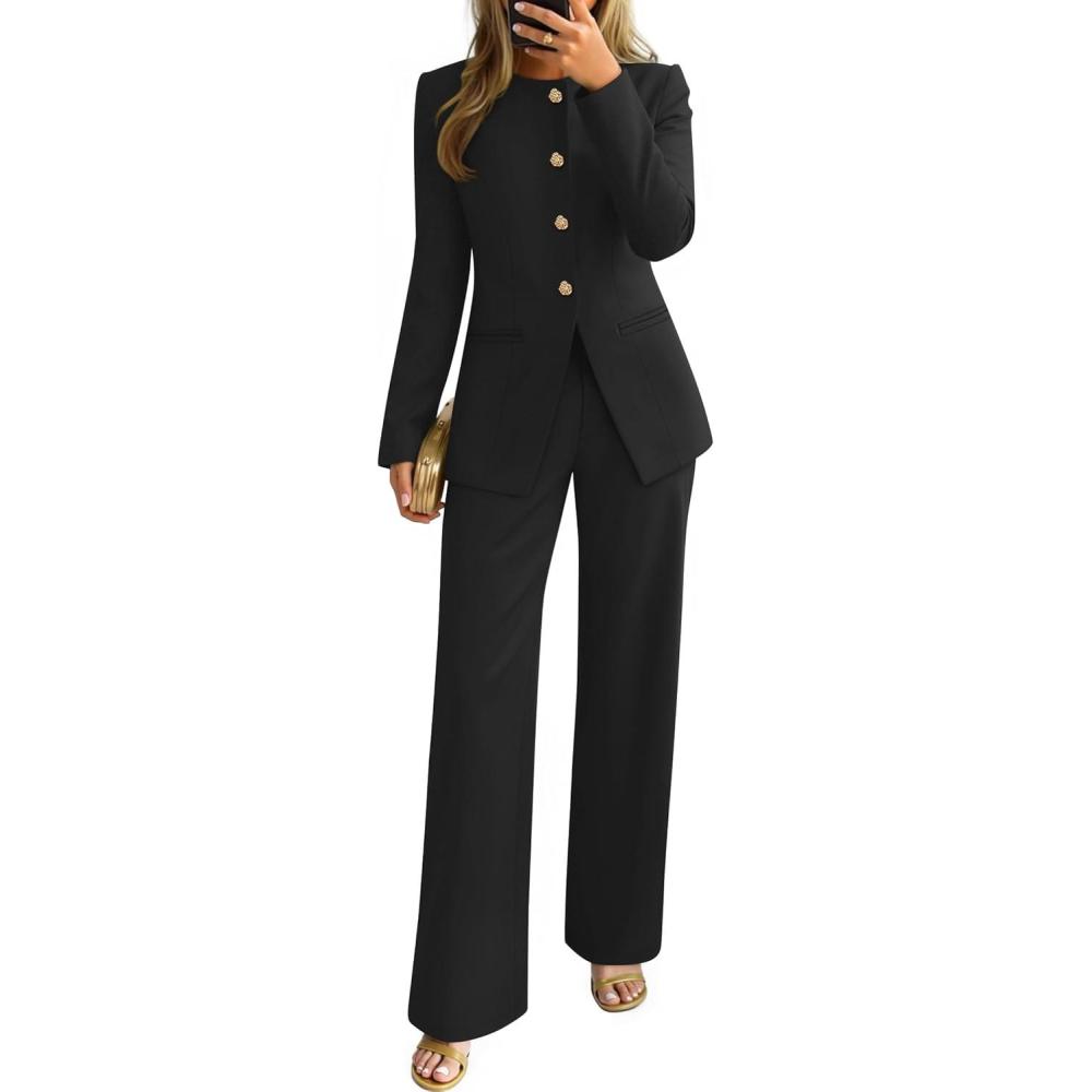 imageZESICA Womens 2026 Spring Two Piece Suits Set Casual Business Long Sleeve Blazer Jacket Wide Leg Pants Work Outfits SetsBlack