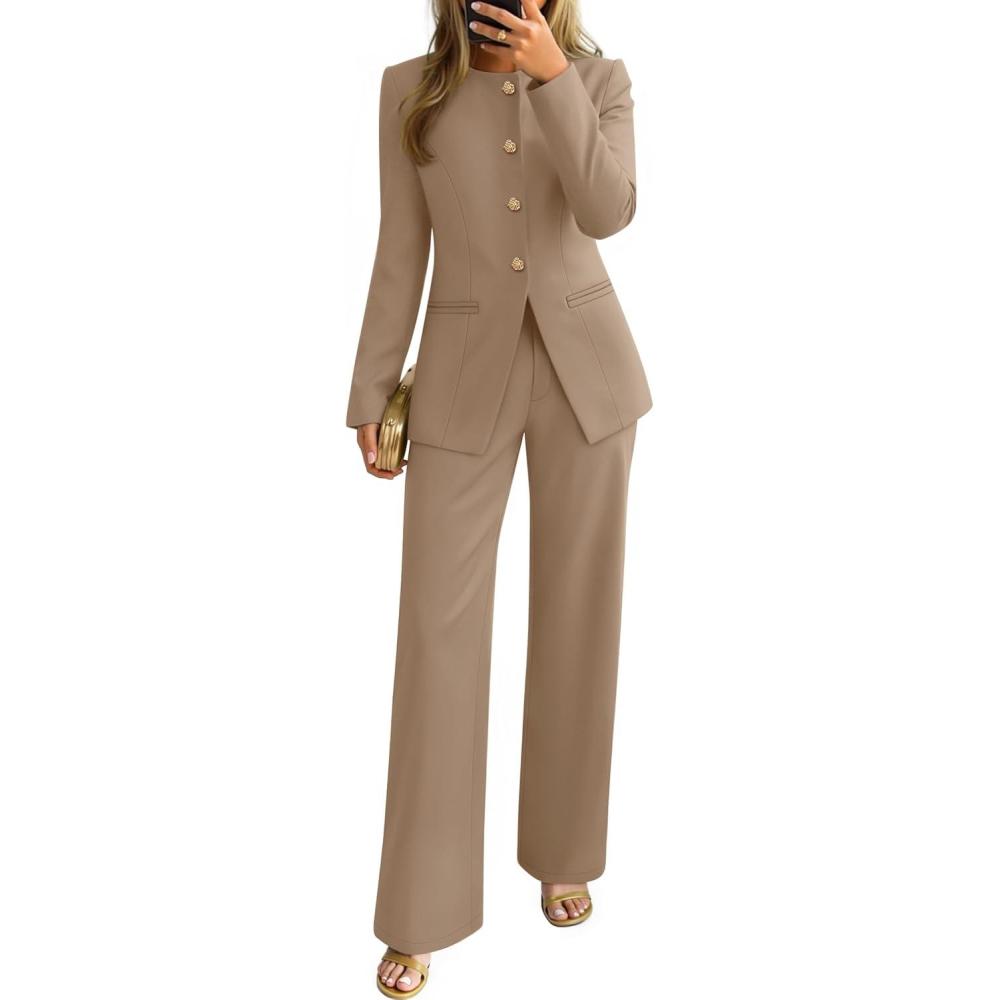 imageZESICA Womens 2026 Spring Two Piece Suits Set Casual Business Long Sleeve Blazer Jacket Wide Leg Pants Work Outfits SetsKhaki