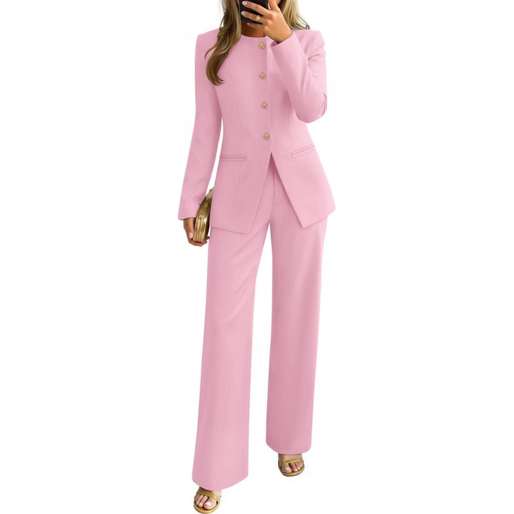 imageZESICA Womens 2026 Spring Two Piece Suits Set Casual Business Long Sleeve Blazer Jacket Wide Leg Pants Work Outfits SetsPink