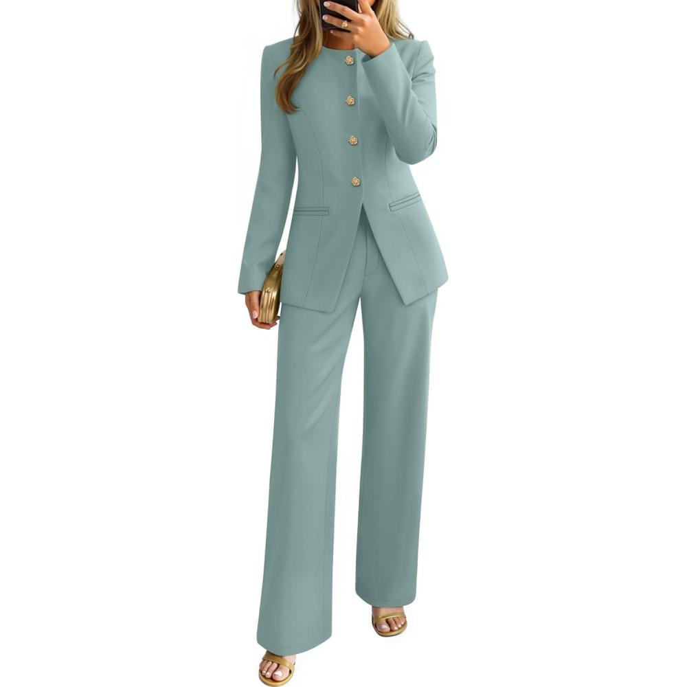 imageZESICA Womens 2026 Spring Two Piece Suits Set Casual Business Long Sleeve Blazer Jacket Wide Leg Pants Work Outfits SetsSage