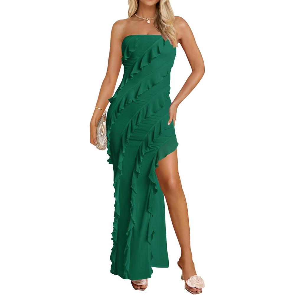 imageZESICA Womens 2026 Strapless Bodycon Dress Sexy Off Shoulder Mesh Tassel Ruffle Side Split Tube Party Maxi DressesDark Green