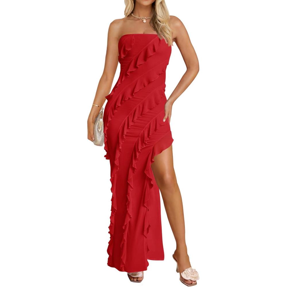 imageZESICA Womens 2026 Strapless Bodycon Dress Sexy Off Shoulder Mesh Tassel Ruffle Side Split Tube Party Maxi DressesRed