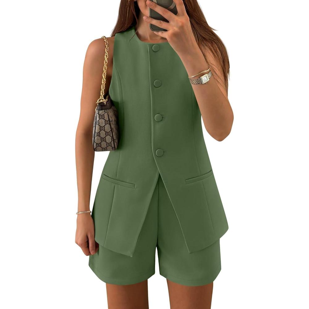 imageZESICA Womens 2026 Summer 2 Piece Short Sets Sleeveless Crew Neck Suit Vest Tops High Waist Shorts Business OutfitsArmygreen