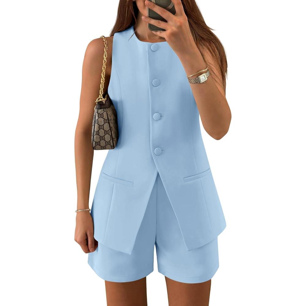 imageZESICA Womens 2026 Summer 2 Piece Short Sets Sleeveless Crew Neck Suit Vest Tops High Waist Shorts Business OutfitsBlue
