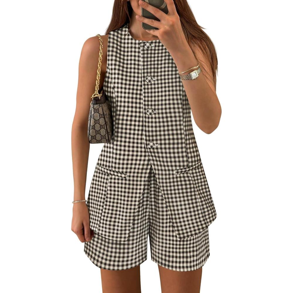 imageZESICA Womens 2026 Summer 2 Piece Short Sets Sleeveless Crew Neck Suit Vest Tops High Waist Shorts Business OutfitsBrown