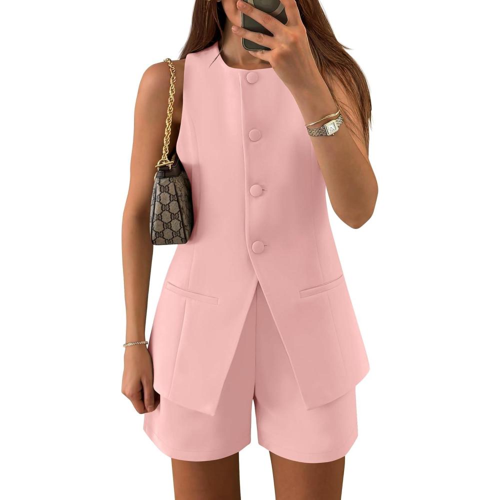 imageZESICA Womens 2026 Summer 2 Piece Short Sets Sleeveless Crew Neck Suit Vest Tops High Waist Shorts Business OutfitsPink