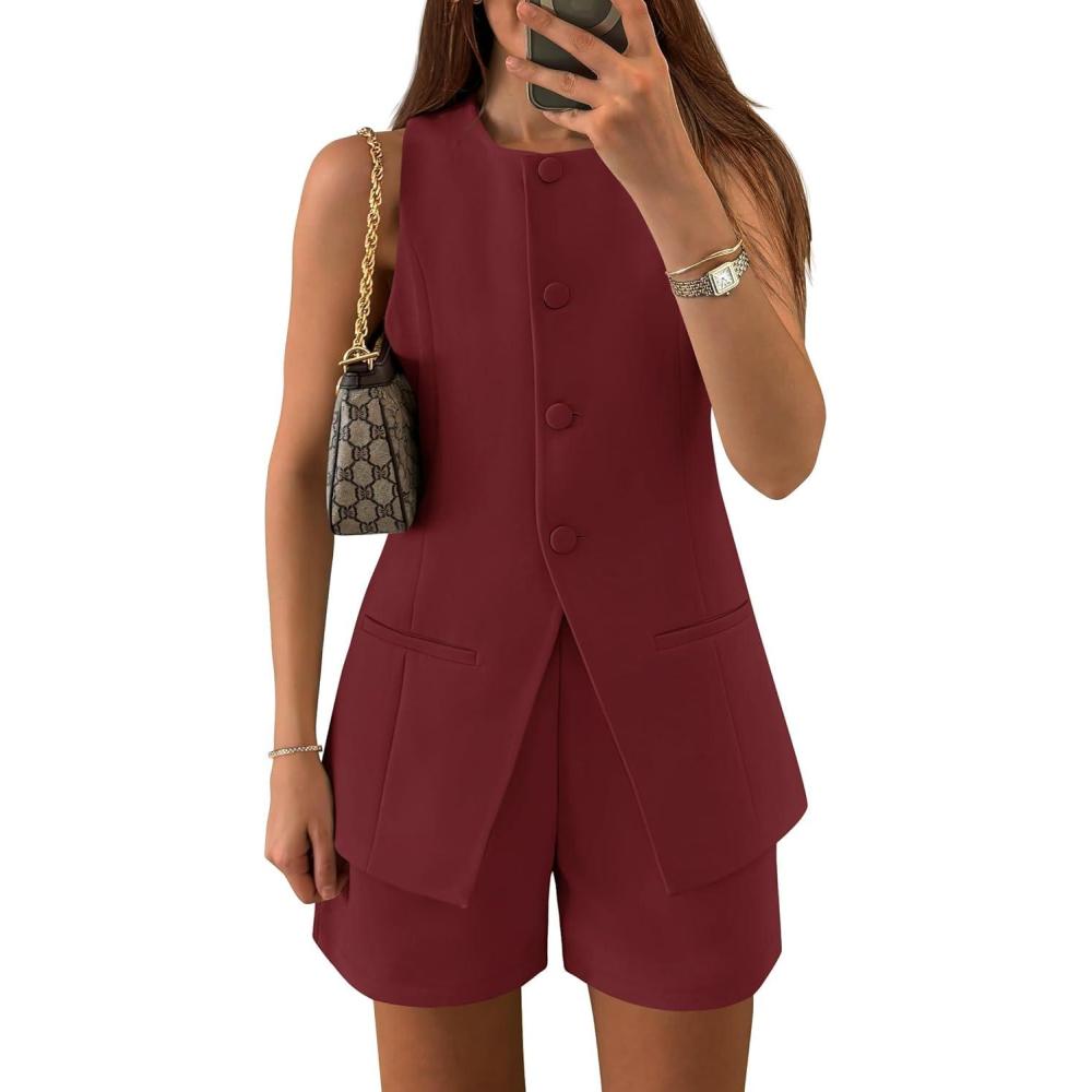 imageZESICA Womens 2026 Summer 2 Piece Short Sets Sleeveless Crew Neck Suit Vest Tops High Waist Shorts Business OutfitsWine