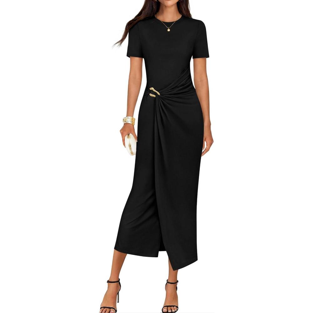 imageZESICA Womens 2026 Summer Short Sleeve Bodycon Midi Dress Crewneck Ruched Split Wedding Guest Cocktail Wrap DressesBlack