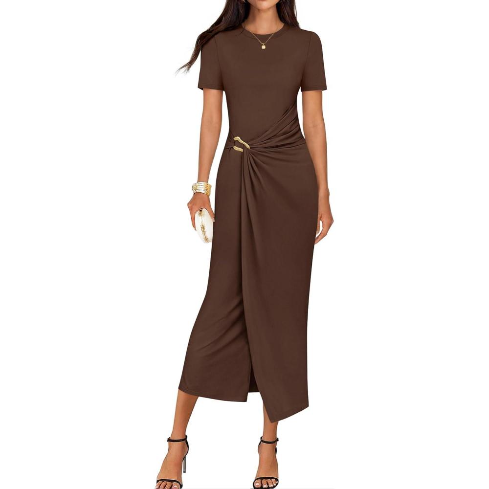 imageZESICA Womens 2026 Summer Short Sleeve Bodycon Midi Dress Crewneck Ruched Split Wedding Guest Cocktail Wrap DressesCoffee