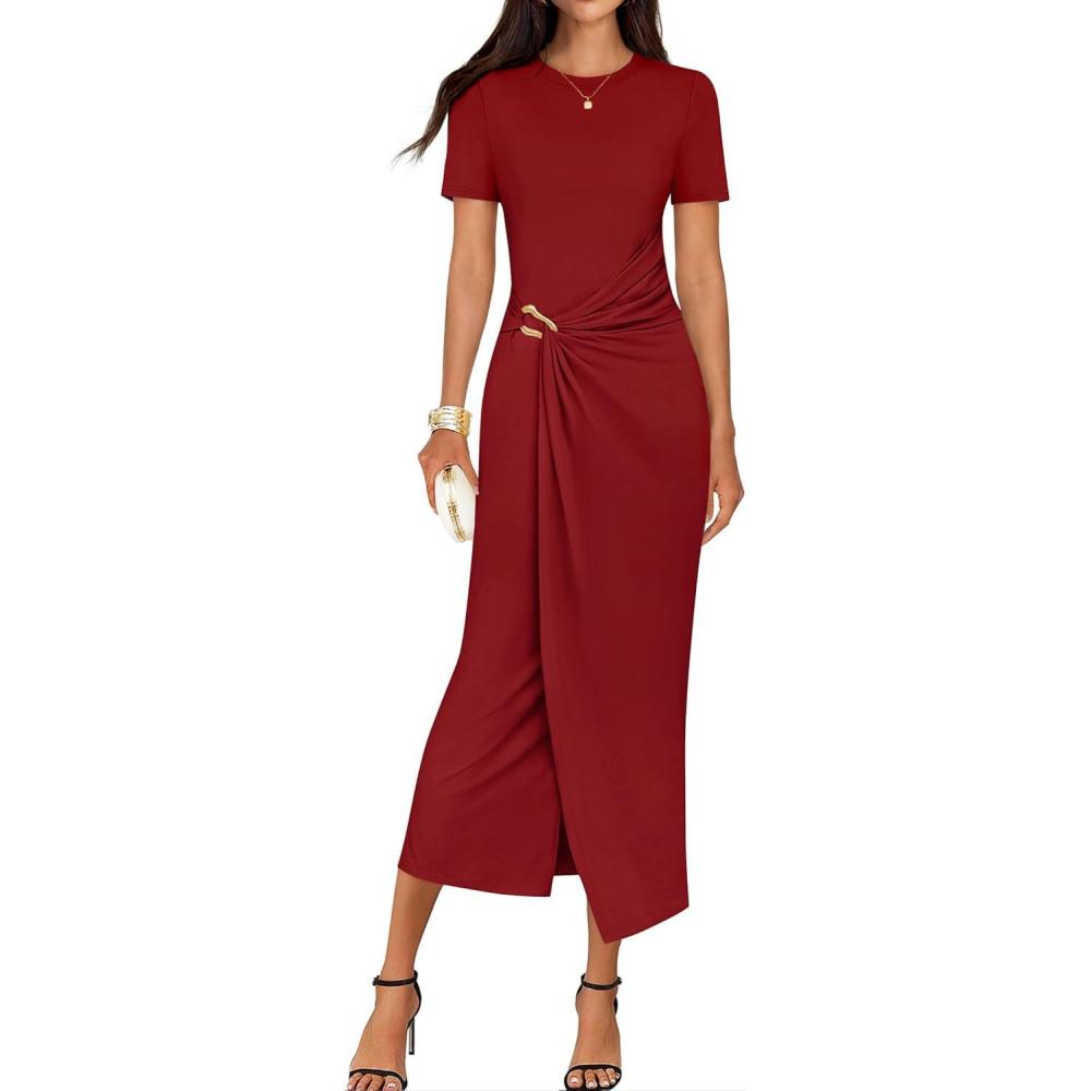 imageZESICA Womens 2026 Summer Short Sleeve Bodycon Midi Dress Crewneck Ruched Split Wedding Guest Cocktail Wrap DressesRed