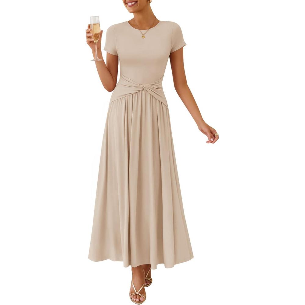 imageZESICA Womens 2026 Summer Short Sleeve Maxi Dresses Twist Front Wedding Guest Cocktail Flowy A Line Long DressApricot