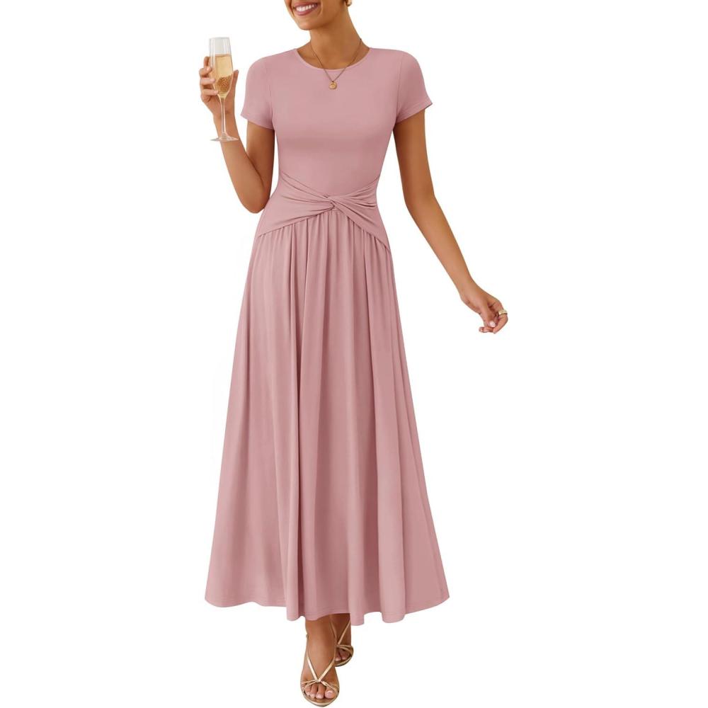 imageZESICA Womens 2026 Summer Short Sleeve Maxi Dresses Twist Front Wedding Guest Cocktail Flowy A Line Long DressPink