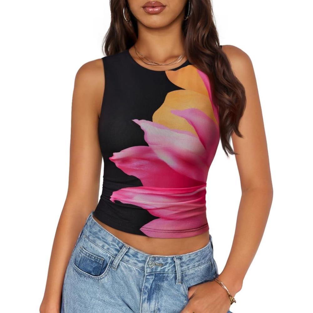 imageZESICA Womens 2026 Summer Sleeveless Floral Tank Tops Mesh Y2K Crop Going Out Outfits Beach Vacation Trendy ClothesBlack