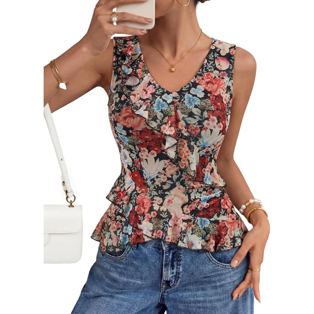 imageZESICA Womens 2026 Summer Sleeveless V Neck Floral Ruffle Tops Casual Mesh Going Out Shirts Blouse Fashion ClothesBlack