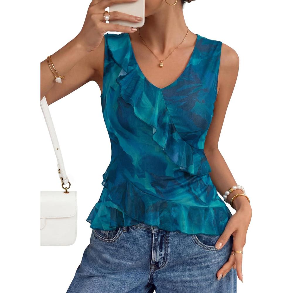 imageZESICA Womens 2026 Summer Sleeveless V Neck Floral Ruffle Tops Casual Mesh Going Out Shirts Blouse Fashion ClothesBlue
