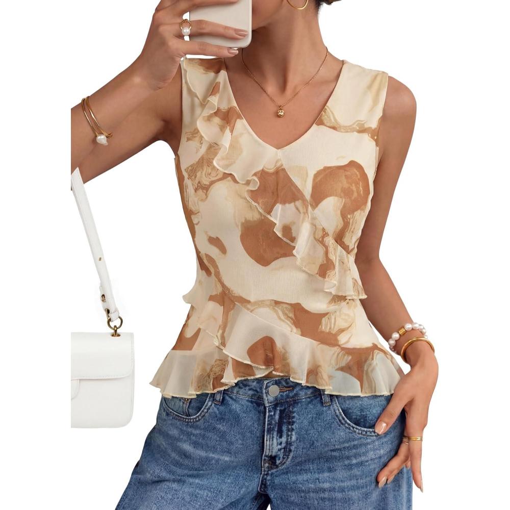 imageZESICA Womens 2026 Summer Sleeveless V Neck Floral Ruffle Tops Casual Mesh Going Out Shirts Blouse Fashion ClothesBrown