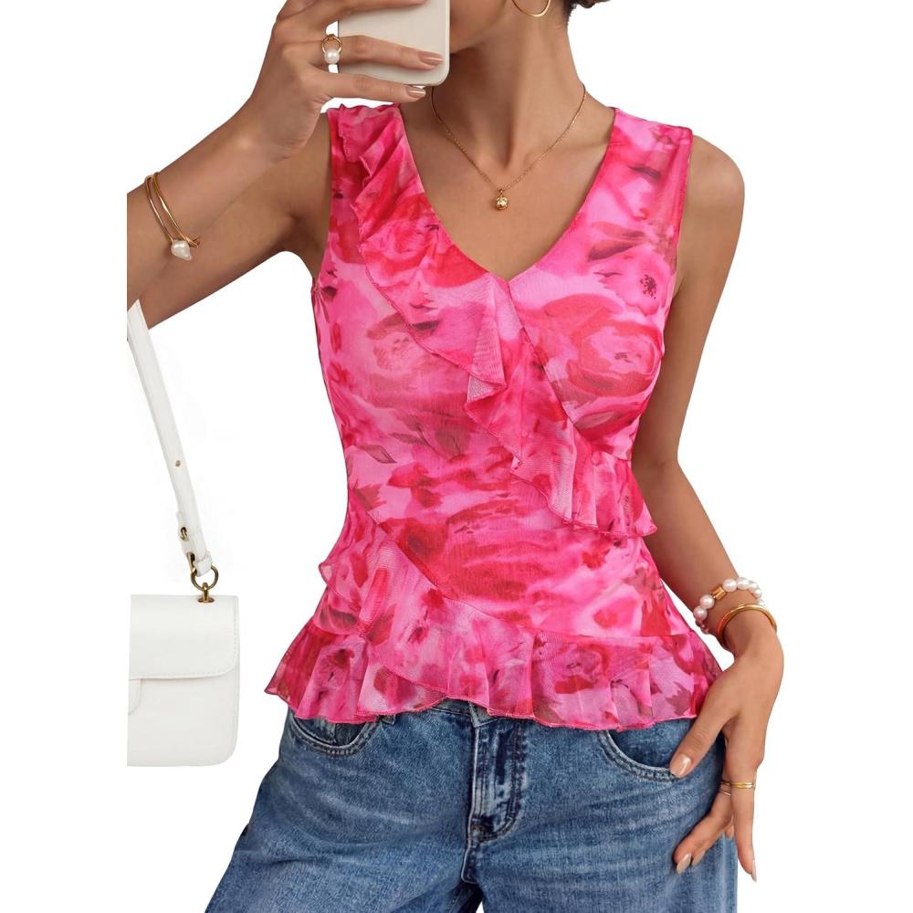 imageZESICA Womens 2026 Summer Sleeveless V Neck Floral Ruffle Tops Casual Mesh Going Out Shirts Blouse Fashion ClothesRose