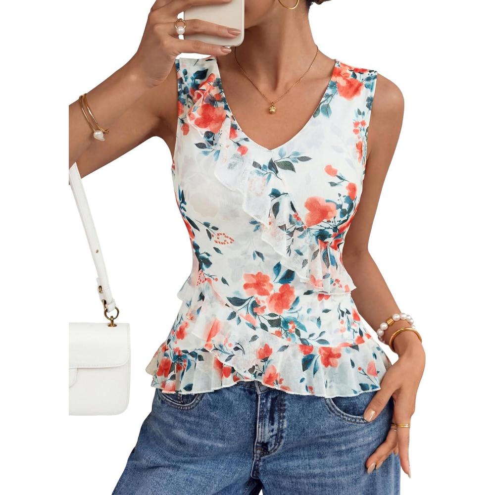 imageZESICA Womens 2026 Summer Sleeveless V Neck Floral Ruffle Tops Casual Mesh Going Out Shirts Blouse Fashion ClothesWhite