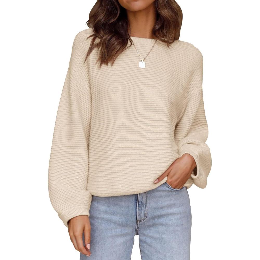 imageZESICA Womens Crew Neck Long Lantern Sleeve Fall 2026 Casual Loose Ribbed Knit Solid Soft Pullover Sweater TopsApricot