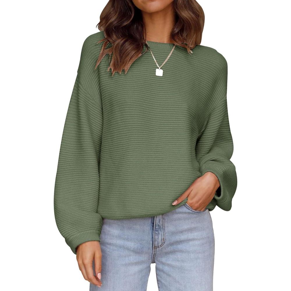 imageZESICA Womens Crew Neck Long Lantern Sleeve Fall 2026 Casual Loose Ribbed Knit Solid Soft Pullover Sweater TopsArmygreen
