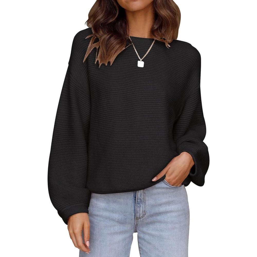 imageZESICA Womens Crew Neck Long Lantern Sleeve Fall 2026 Casual Loose Ribbed Knit Solid Soft Pullover Sweater TopsBlack