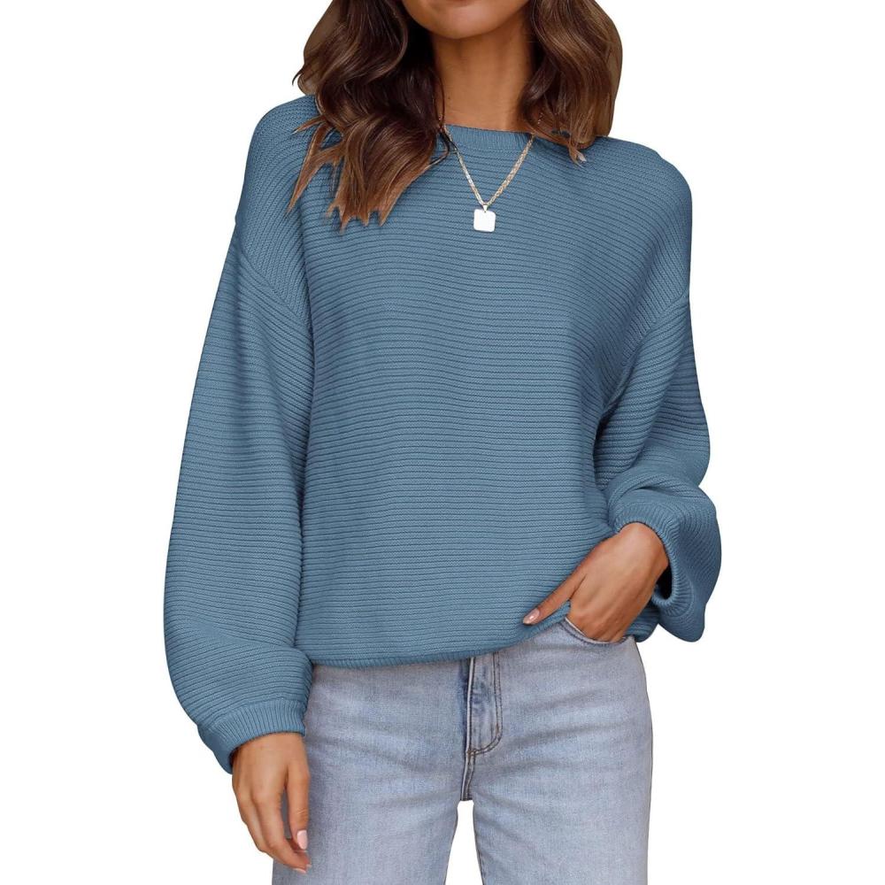 imageZESICA Womens Crew Neck Long Lantern Sleeve Fall 2026 Casual Loose Ribbed Knit Solid Soft Pullover Sweater TopsDustyblue