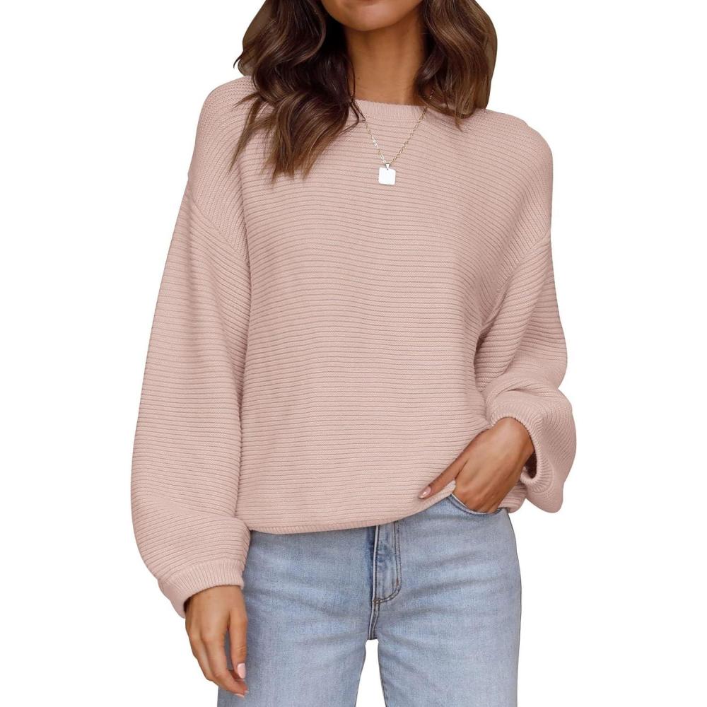 imageZESICA Womens Crew Neck Long Lantern Sleeve Fall 2026 Casual Loose Ribbed Knit Solid Soft Pullover Sweater TopsDustypink