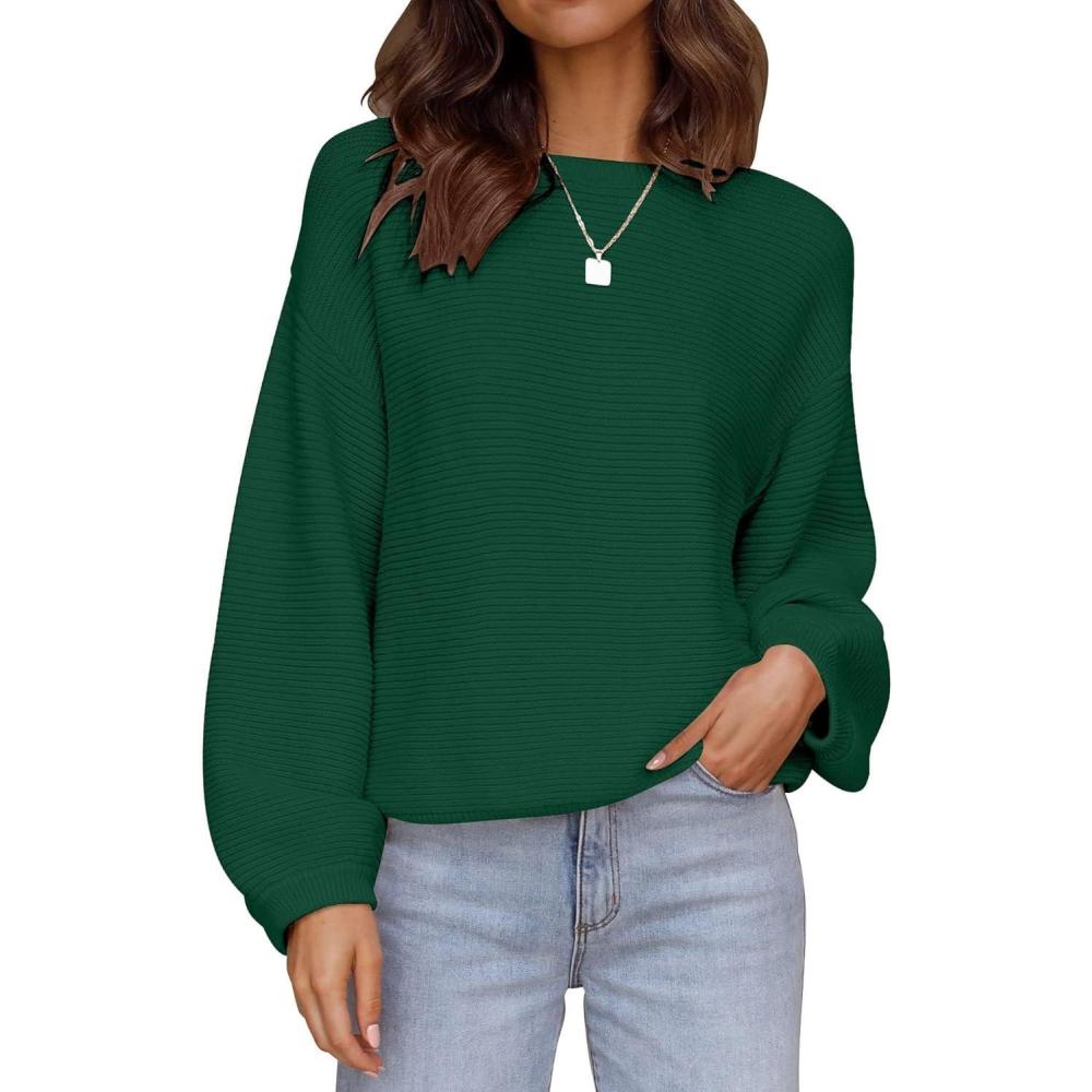 imageZESICA Womens Crew Neck Long Lantern Sleeve Fall 2026 Casual Loose Ribbed Knit Solid Soft Pullover Sweater TopsForestgreen