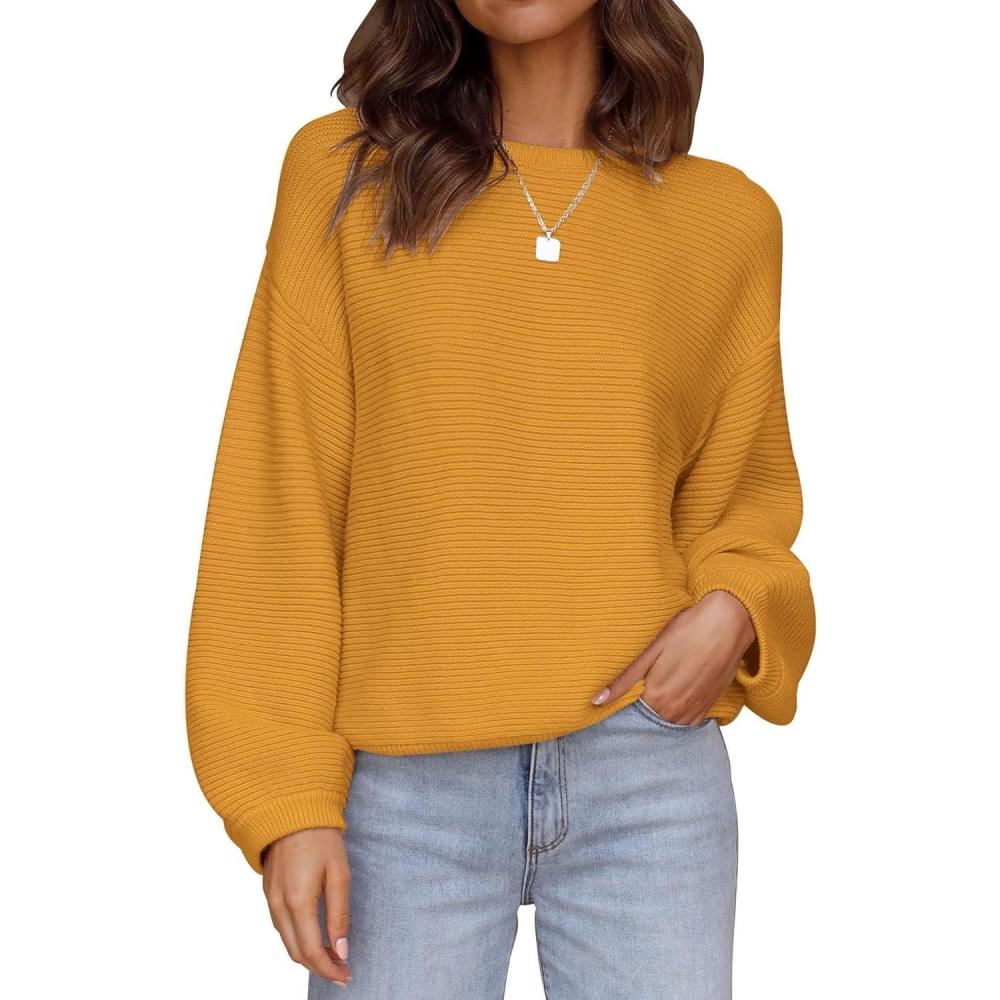 imageZESICA Womens Crew Neck Long Lantern Sleeve Fall 2026 Casual Loose Ribbed Knit Solid Soft Pullover Sweater TopsGinger