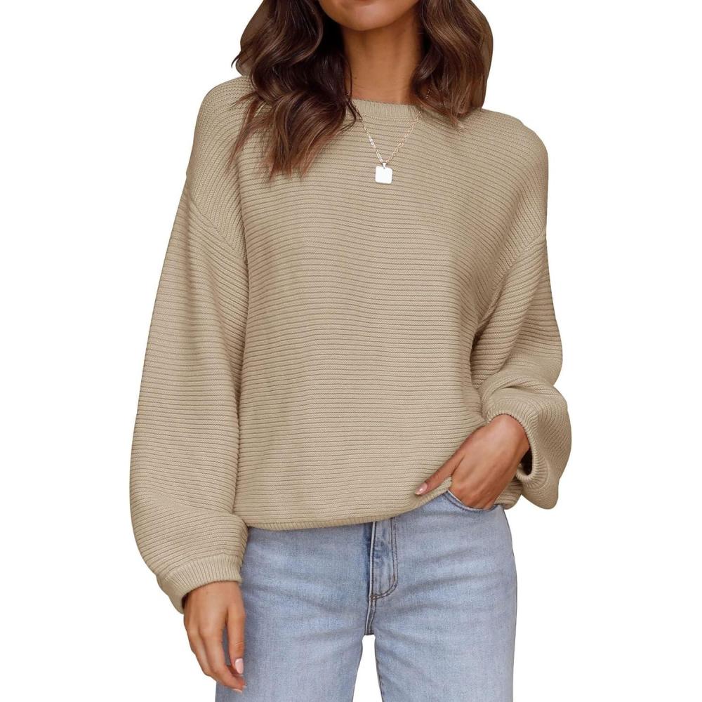imageZESICA Womens Crew Neck Long Lantern Sleeve Fall 2026 Casual Loose Ribbed Knit Solid Soft Pullover Sweater TopsKhaki