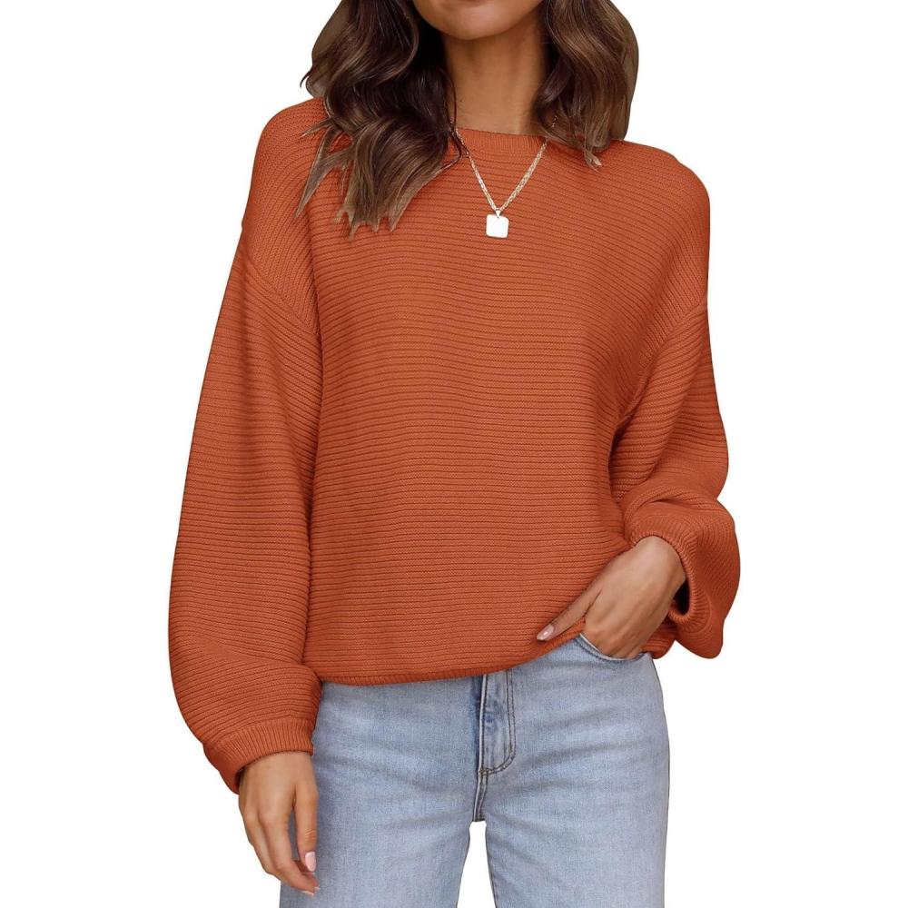 imageZESICA Womens Crew Neck Long Lantern Sleeve Fall 2026 Casual Loose Ribbed Knit Solid Soft Pullover Sweater TopsOrange