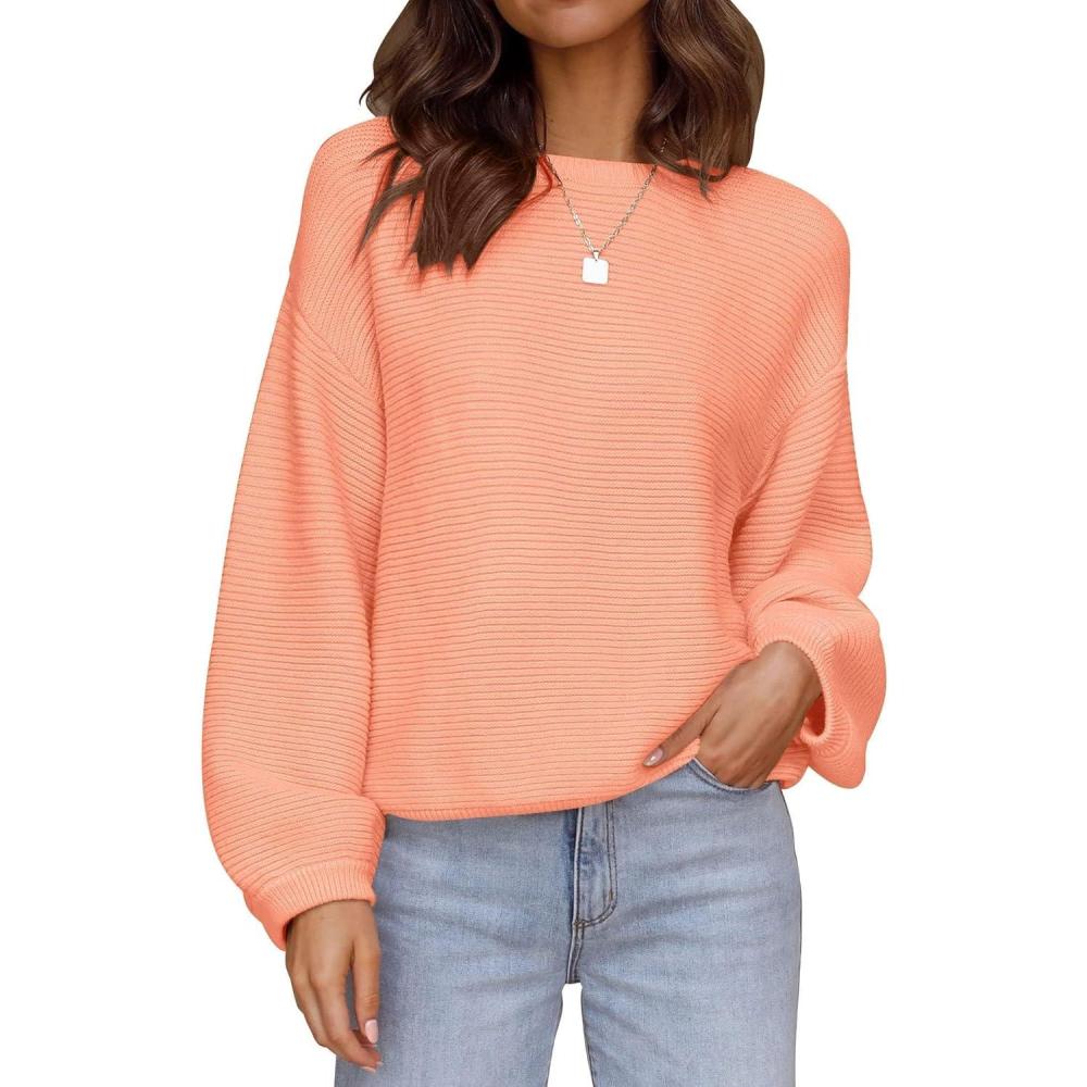 imageZESICA Womens Crew Neck Long Lantern Sleeve Fall 2026 Casual Loose Ribbed Knit Solid Soft Pullover Sweater TopsPeach