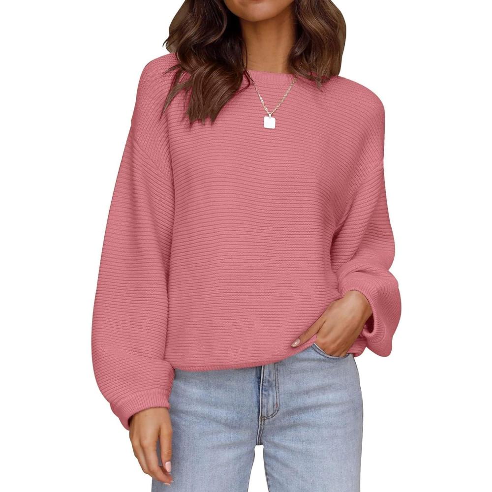 imageZESICA Womens Crew Neck Long Lantern Sleeve Fall 2026 Casual Loose Ribbed Knit Solid Soft Pullover Sweater TopsPink