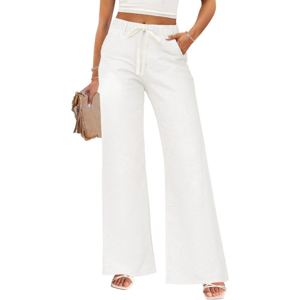 imageZESICA Womens Drawstring High Waist Jeans Loose Fit Wide Leg Straight Baggy Trendy Denim Pants with PocketsWhite