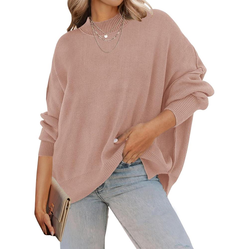 imageZESICA Womens Fall 2026 Casual Long Sleeve Crew Neck Side Slit Oversized Ribbed Knit Pullover Sweater TopsAlmond