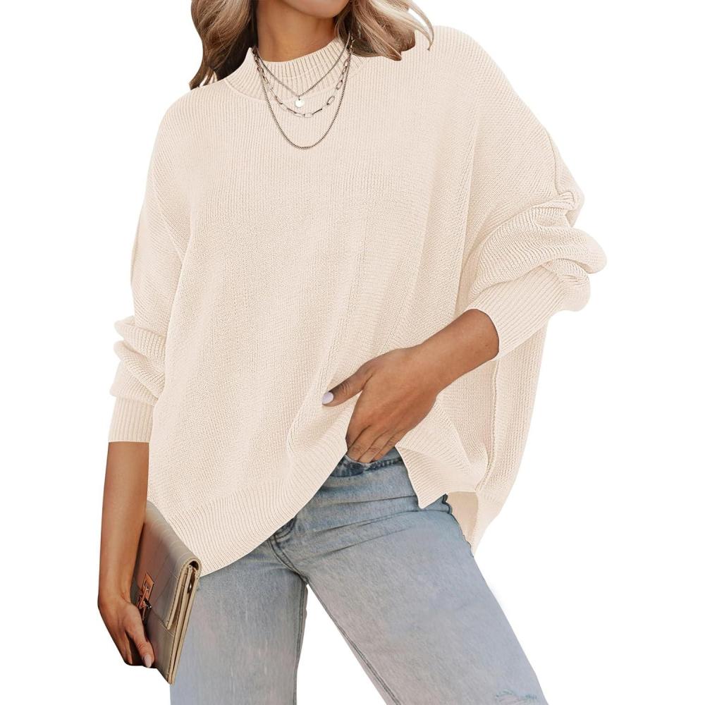 imageZESICA Womens Fall 2026 Casual Long Sleeve Crew Neck Side Slit Oversized Ribbed Knit Pullover Sweater TopsBeige