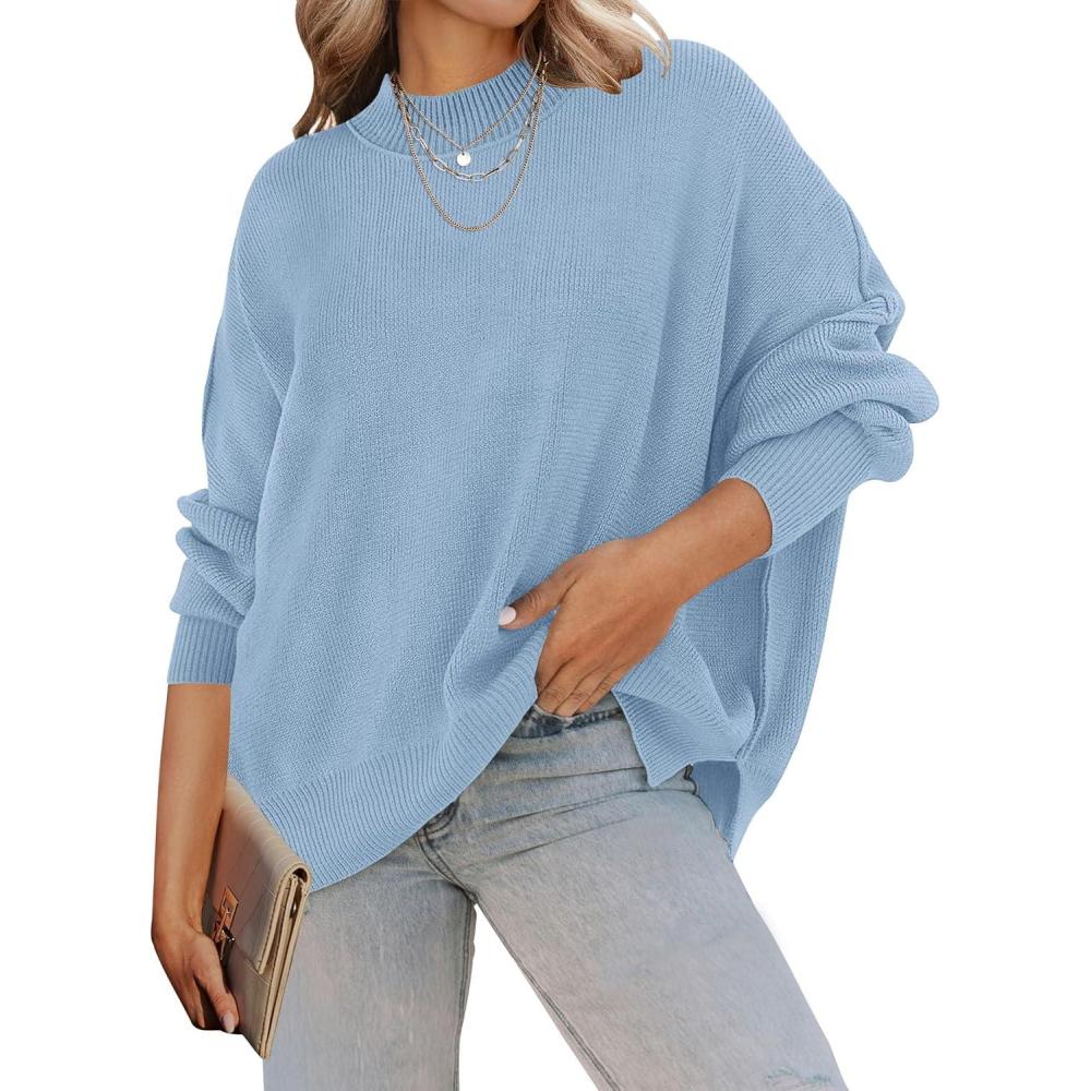 imageZESICA Womens Fall 2026 Casual Long Sleeve Crew Neck Side Slit Oversized Ribbed Knit Pullover Sweater TopsBlue