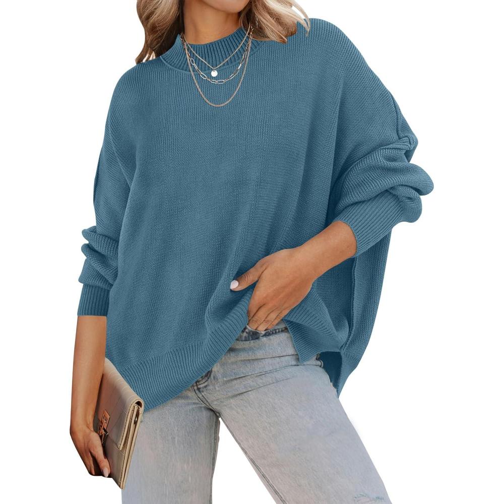 imageZESICA Womens Fall 2026 Casual Long Sleeve Crew Neck Side Slit Oversized Ribbed Knit Pullover Sweater TopsDustyblue