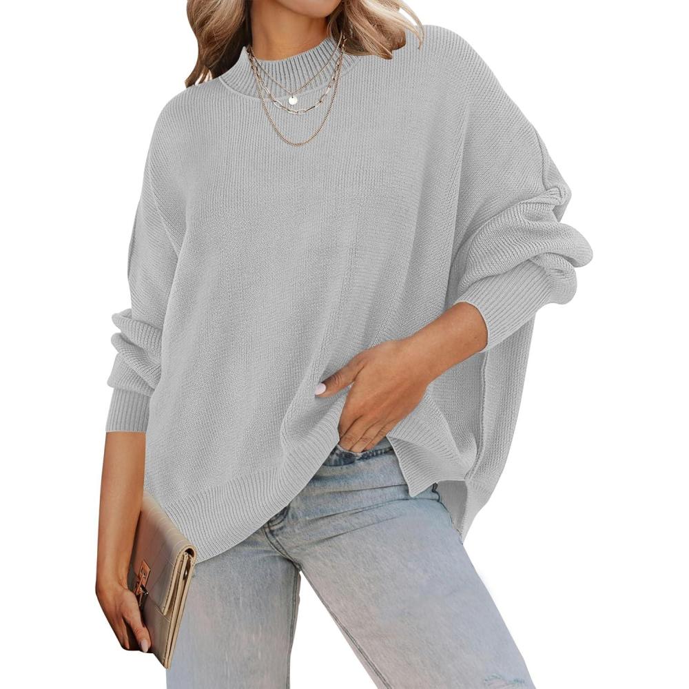 imageZESICA Womens Fall 2026 Casual Long Sleeve Crew Neck Side Slit Oversized Ribbed Knit Pullover Sweater TopsGrey