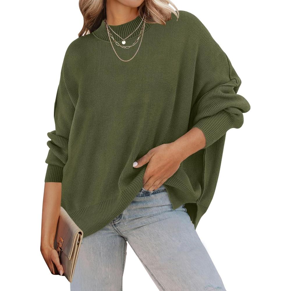 imageZESICA Womens Fall 2026 Casual Long Sleeve Crew Neck Side Slit Oversized Ribbed Knit Pullover Sweater TopsOlive