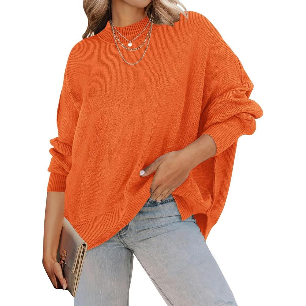 imageZESICA Womens Fall 2026 Casual Long Sleeve Crew Neck Side Slit Oversized Ribbed Knit Pullover Sweater TopsOrange